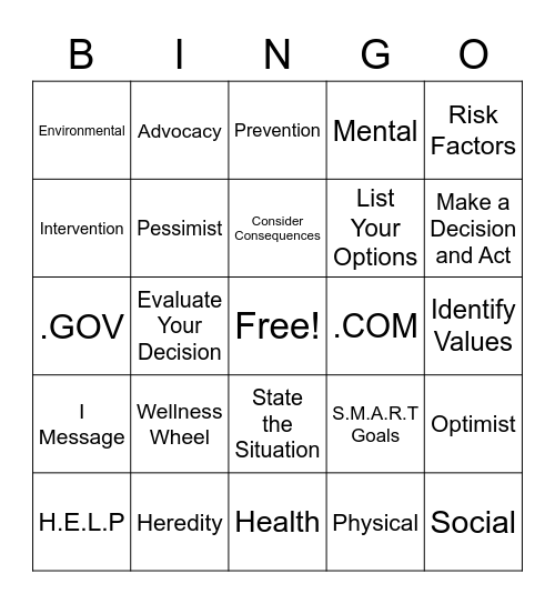 Unit 1 Health Physical Wellness Review Bingo Card