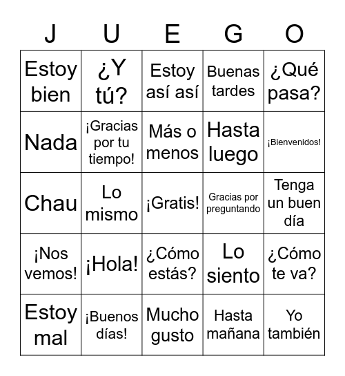 Spanish 1 Greetings Bingo Card
