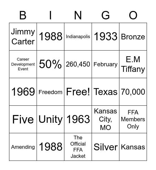 FFA Trivia Bingo Card