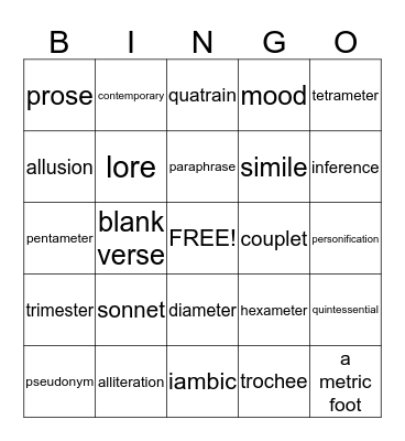 Romanticism Vocabulary Bingo Card