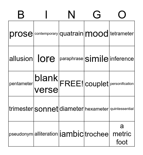 Romanticism Vocabulary Bingo Card