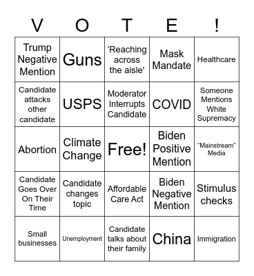 U.S. Senate Debate Night Bingo Card