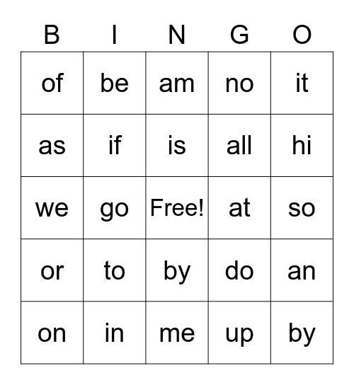 two letter sight words Bingo Card