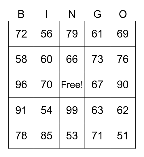 Les nombres 50-100 Bingo Card