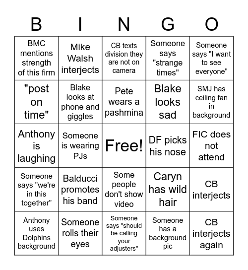 First Friday Meeting Bingo Card