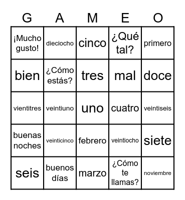 Spanish Lesson 2 Bingo Card