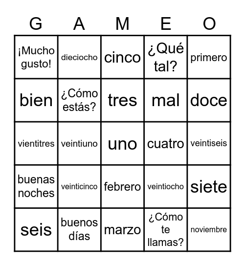 Spanish Lesson 2 Bingo Card