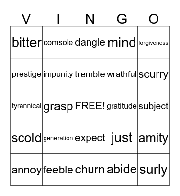 VOCABULARY VINGO Bingo Card