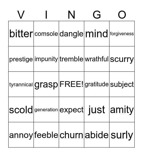 VOCABULARY VINGO Bingo Card