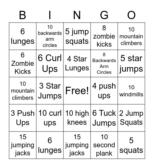 WMS Fitness Bingo Card
