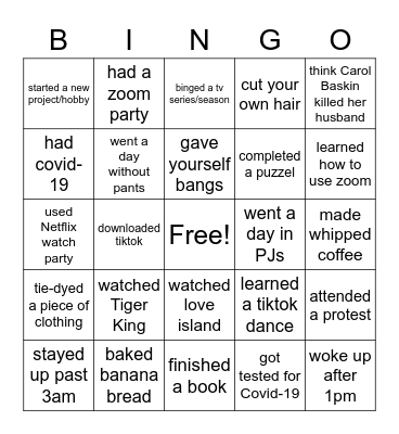 Quarantine Bingo Card
