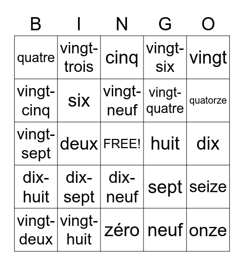 Numbers (0-30) Bingo Card