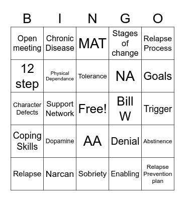 Recovery Bingo Card