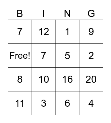 Number Bingo Card