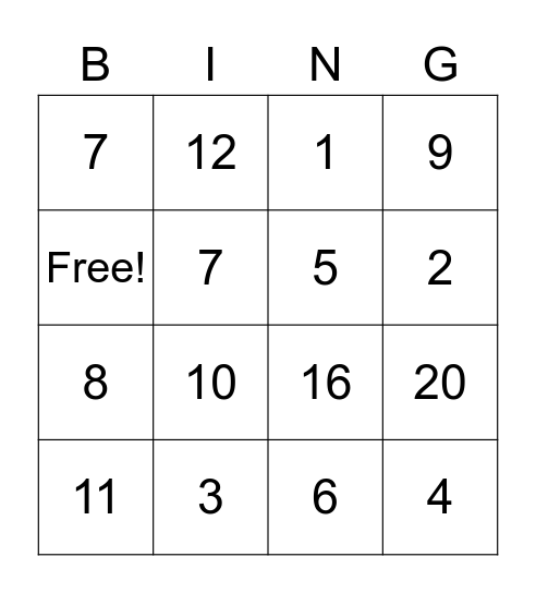 Number Bingo Card