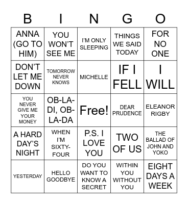 Beatles Songs Bingo Card