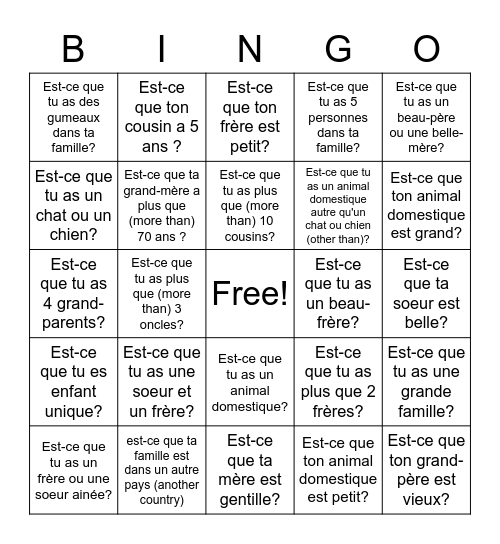 La Famille Bingo Card