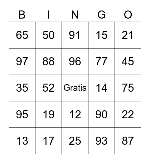 Spanish Numbers Bingo Card