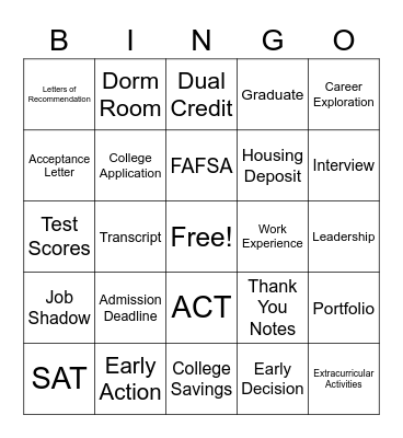 College Checklist BINGO Card