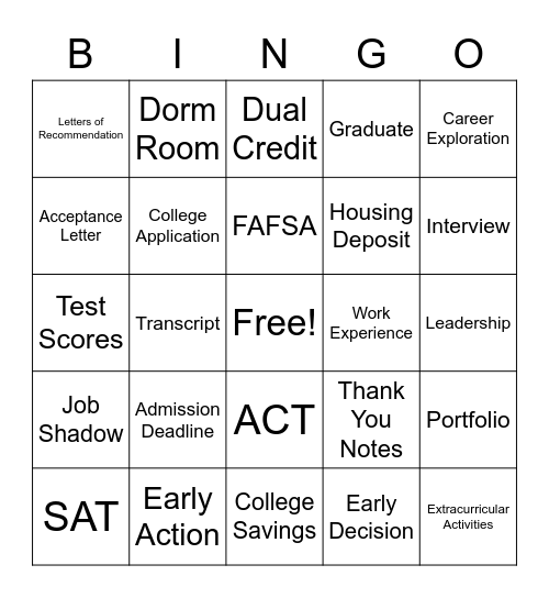College Checklist BINGO Card