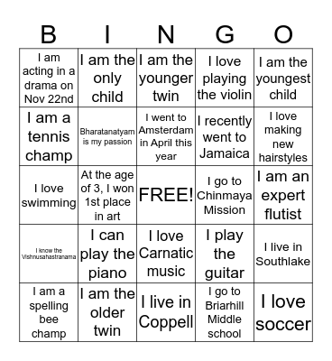 Uma's 13th birthday Bingo Card