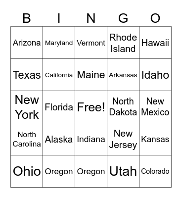 States Bingo! Bingo Card