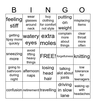 OVER THE HILL Bingo Card