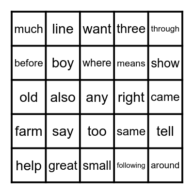 126-150 FRY WORDS Bingo Card