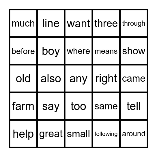 126-150 FRY WORDS Bingo Card