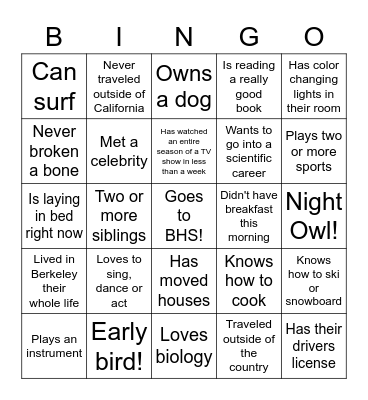 First Day Bingo! Bingo Card