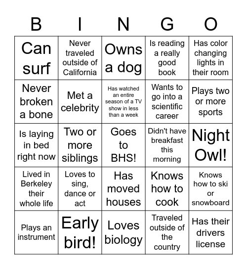 First Day Bingo! Bingo Card