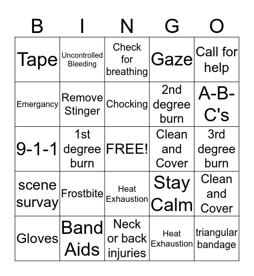 First aid bingo Card