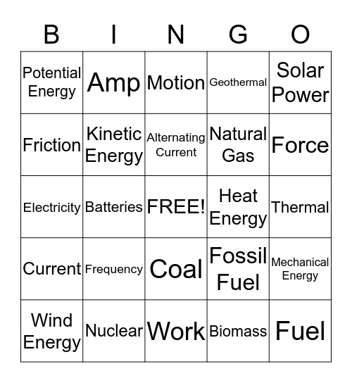 ENERGIZED Bingo Card