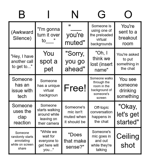 Zoom Meeting BINGO Card