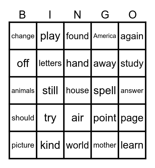 176-200 FRY WORDS Bingo Card