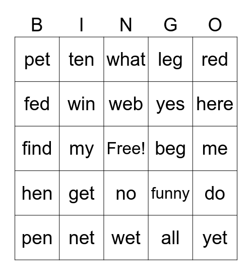 Short E Bingo Card
