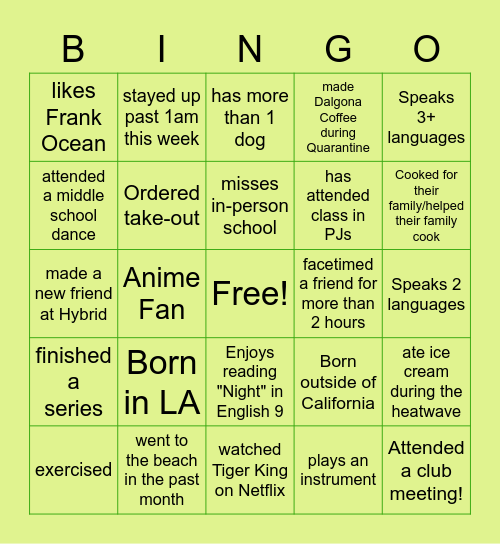 Advisory Bingo Card