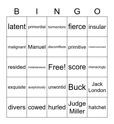 Call of the Wild Bingo Card