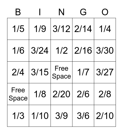 Mrs. Slagg's Fraction Review Bingo Card