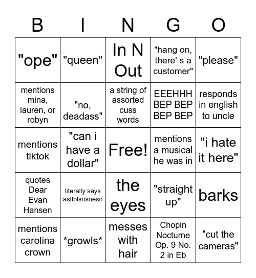 Aaron Bingo Card