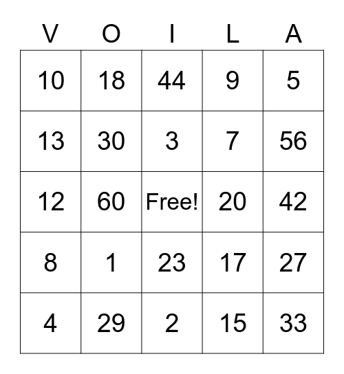 Les nombres de 0-60 Bingo Card