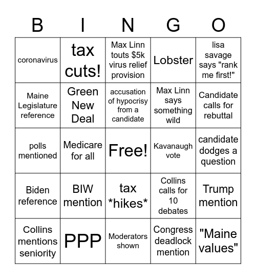 Maine Senate Debate Bingo Card