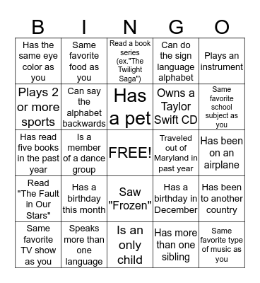 GET TO KNOW YOU BINGO Card