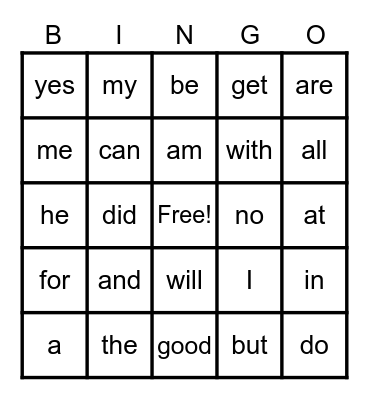 Sight Words Bingo Card