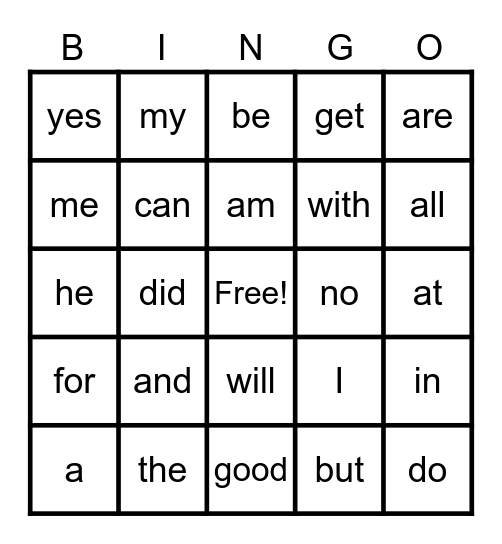 Sight Words Bingo Card