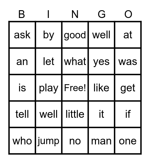 Sight Words Bingo Card