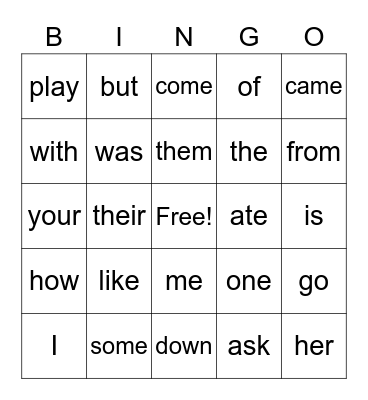 Sight Words 1 Bingo Card