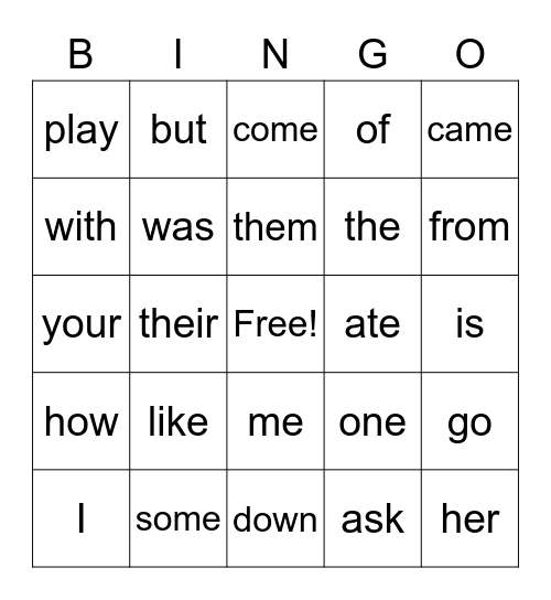 Sight Words 1 Bingo Card