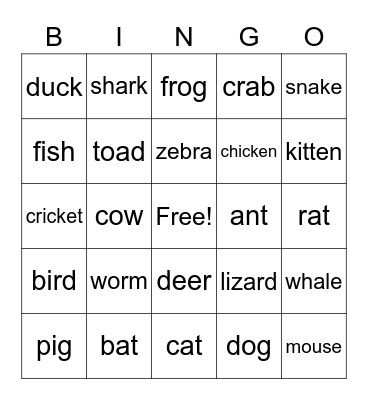 animals Bingo Card