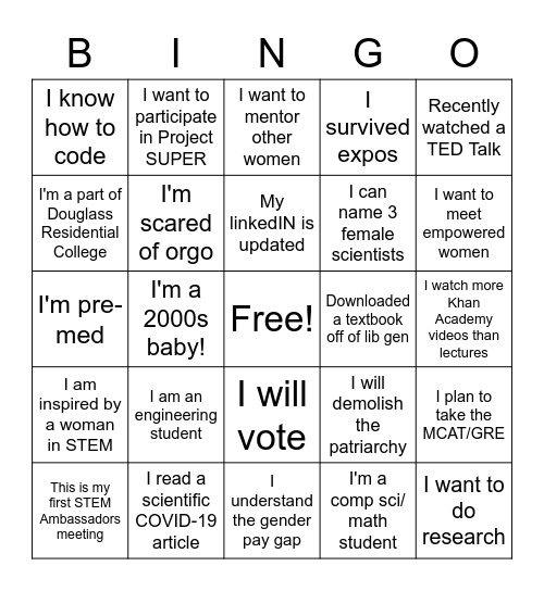 STEM Ambassadors Bingo Card